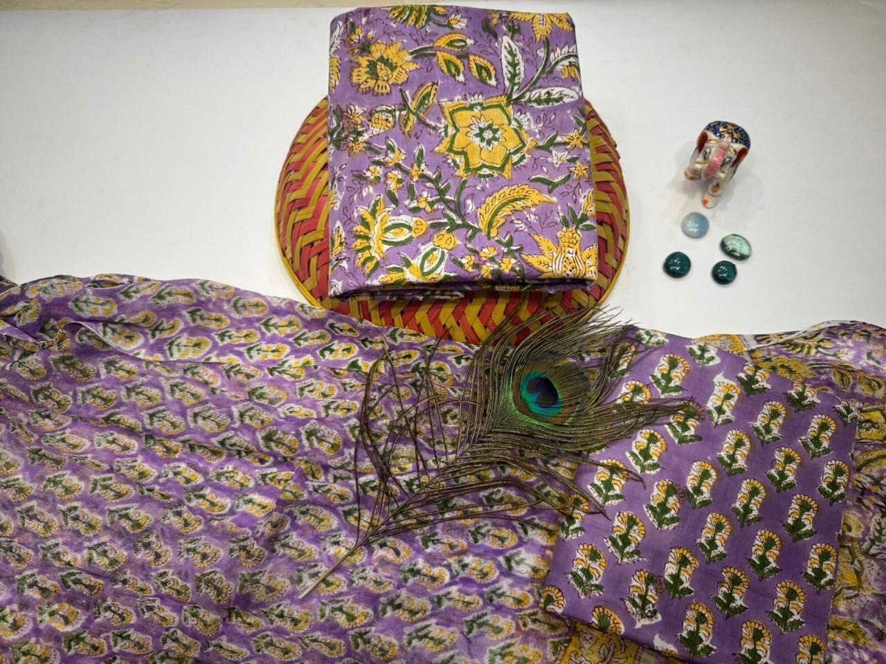 Noor-e-Vastra – Handblock Printed Cotton Suit Set with Chiffon Dupatta