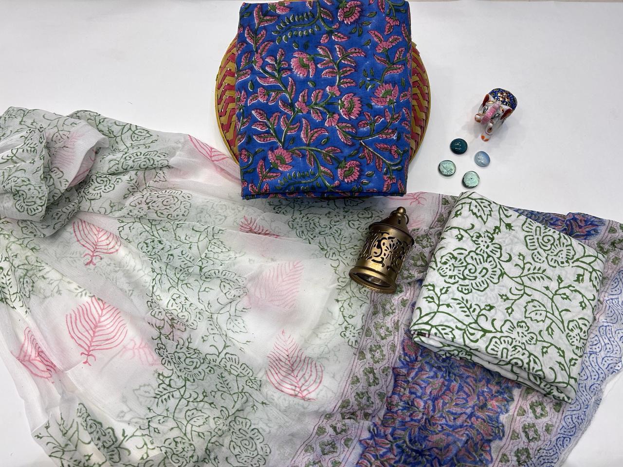 Gulnoor – Handblock Printed Cotton Suit Set with Chiffon Dupatta