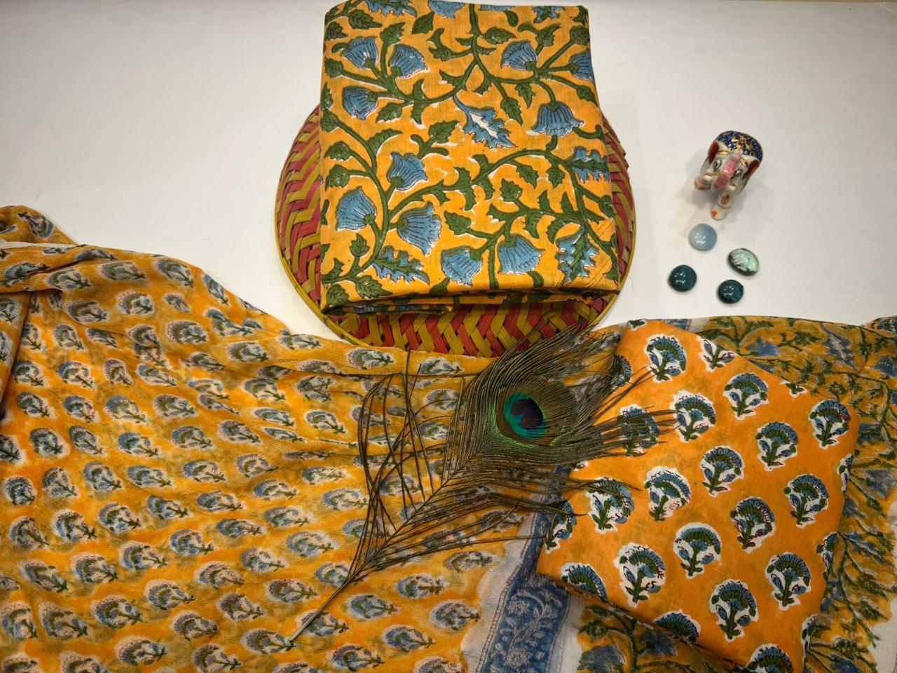 Pehnava – Handblock Printed Cotton Suit Set with Chiffon Dupatta