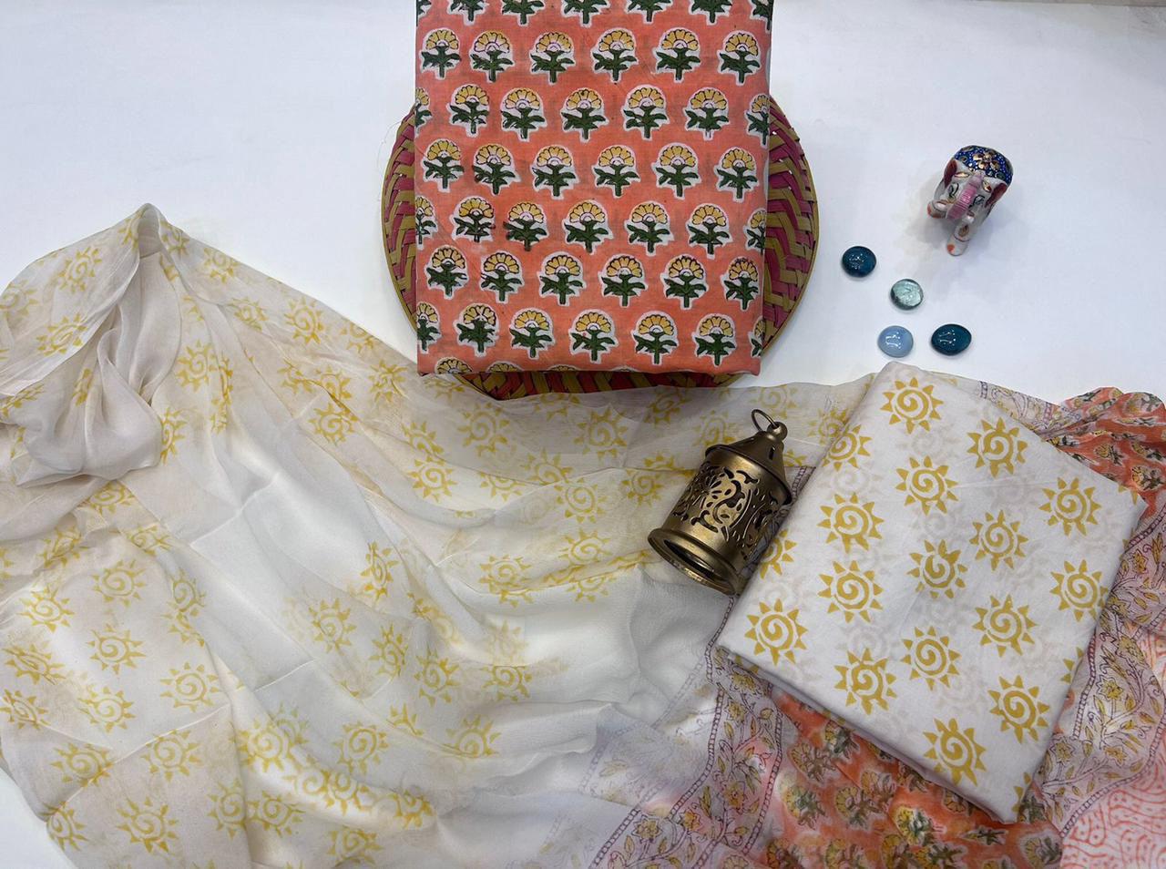 Hawa Baag – Handblock Printed Cotton Suit Set with Chiffon Dupatta