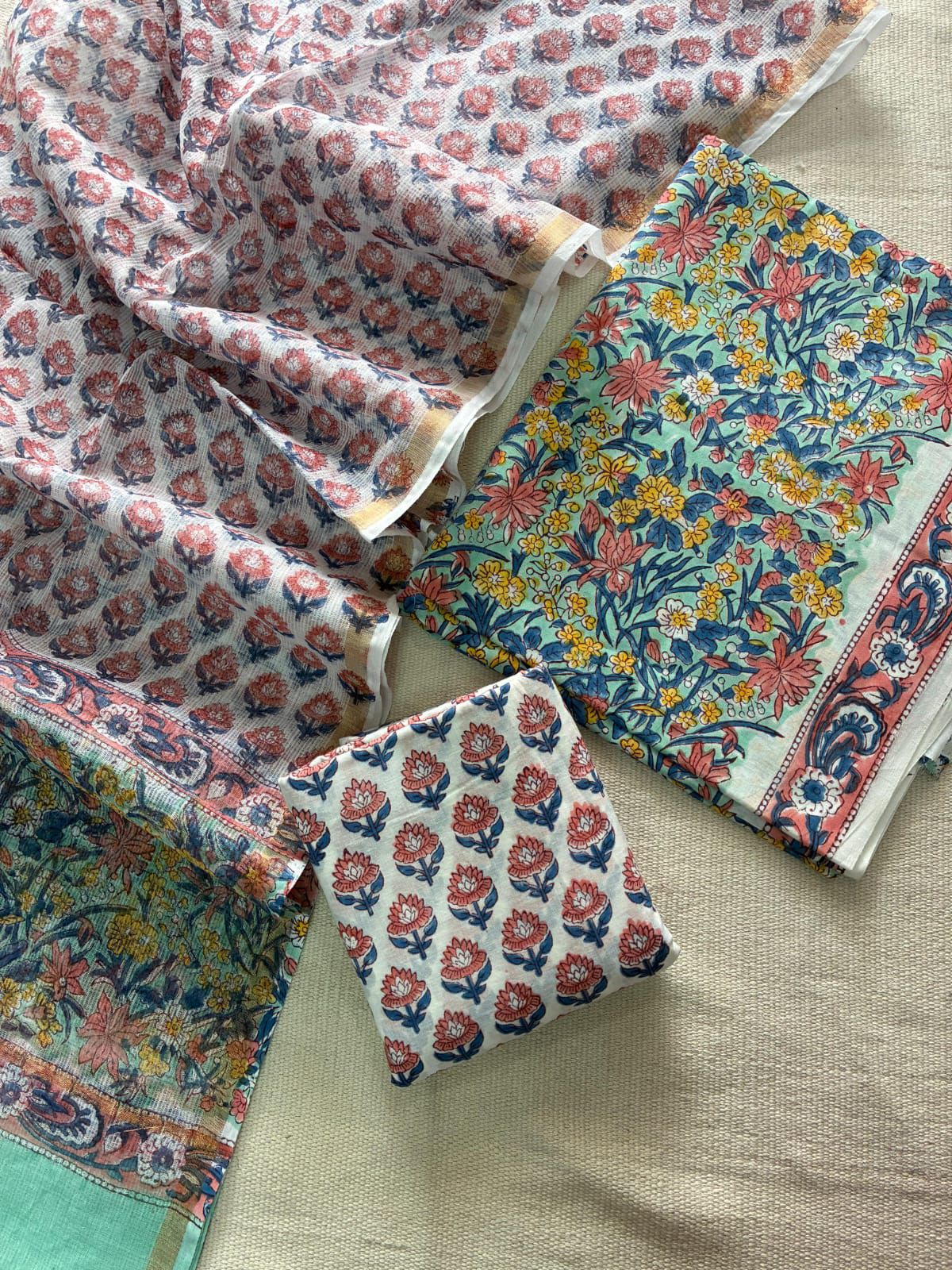 Ruhani - Handblock Printed Cotton Suit Set with Kota Doriya Dupatta