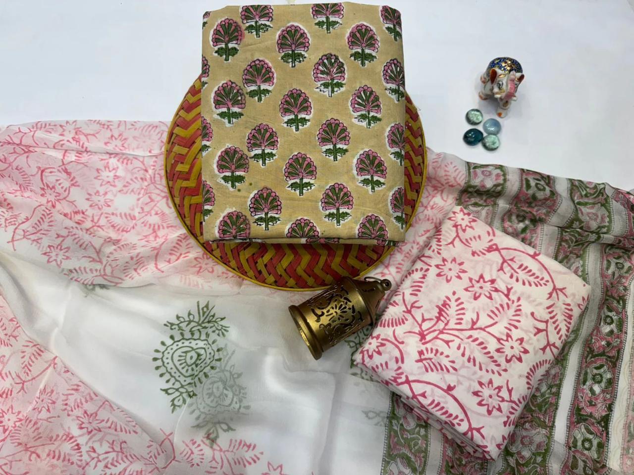 Sunehri Veil – Handblock Printed Cotton Suit Set with Chiffon Dupatta