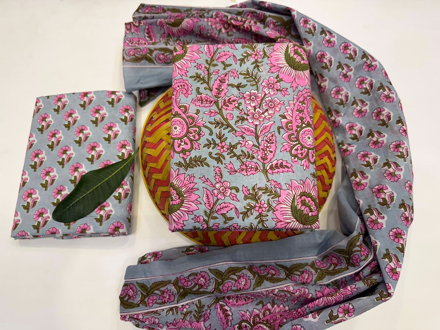 Gulabi Glimpse Handblock Printed Cotton Suit Set with mul mul Dupatta