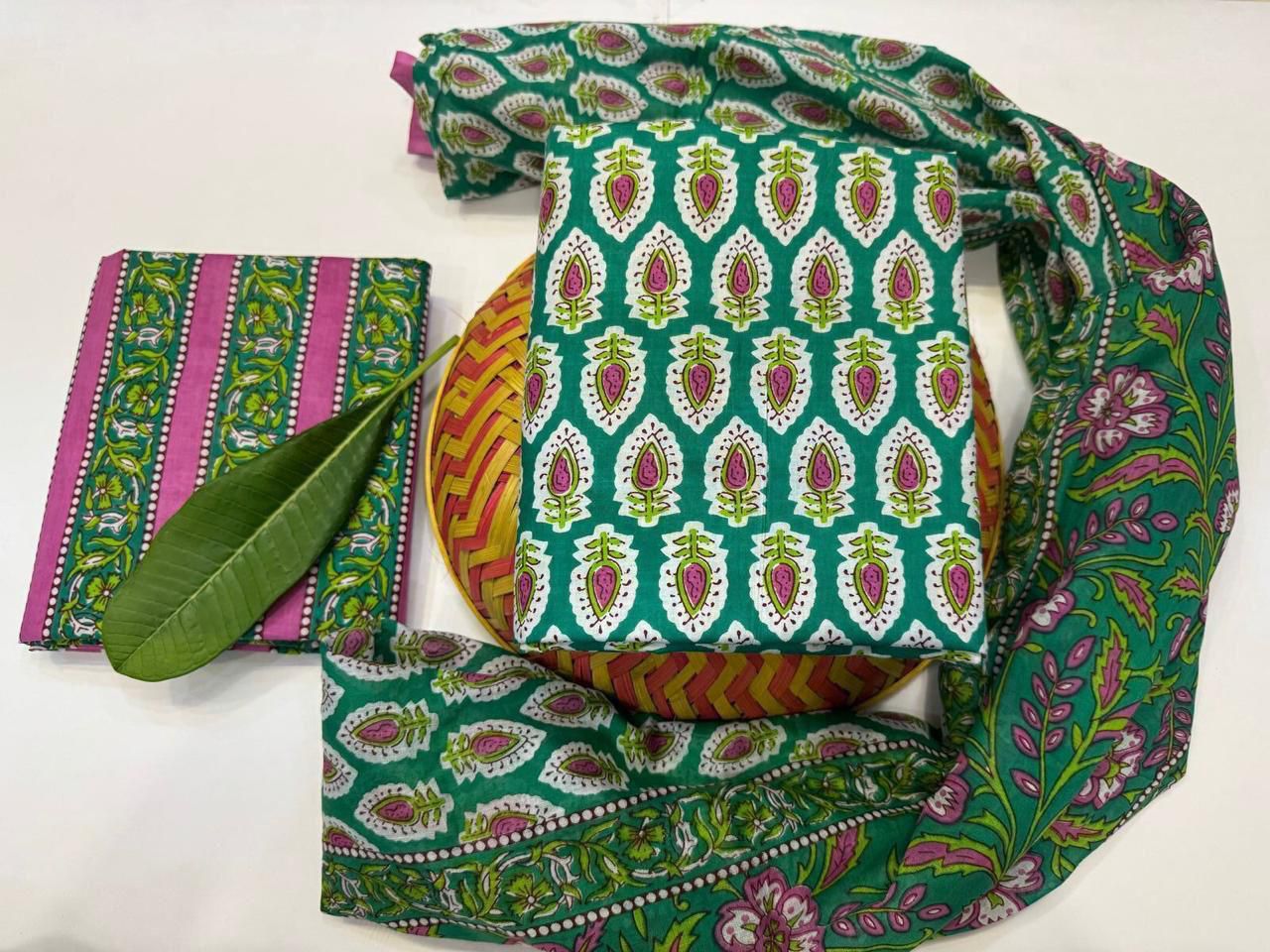 Surili Strokes Handblock Printed Cotton Suit Set with mul mul Dupatta