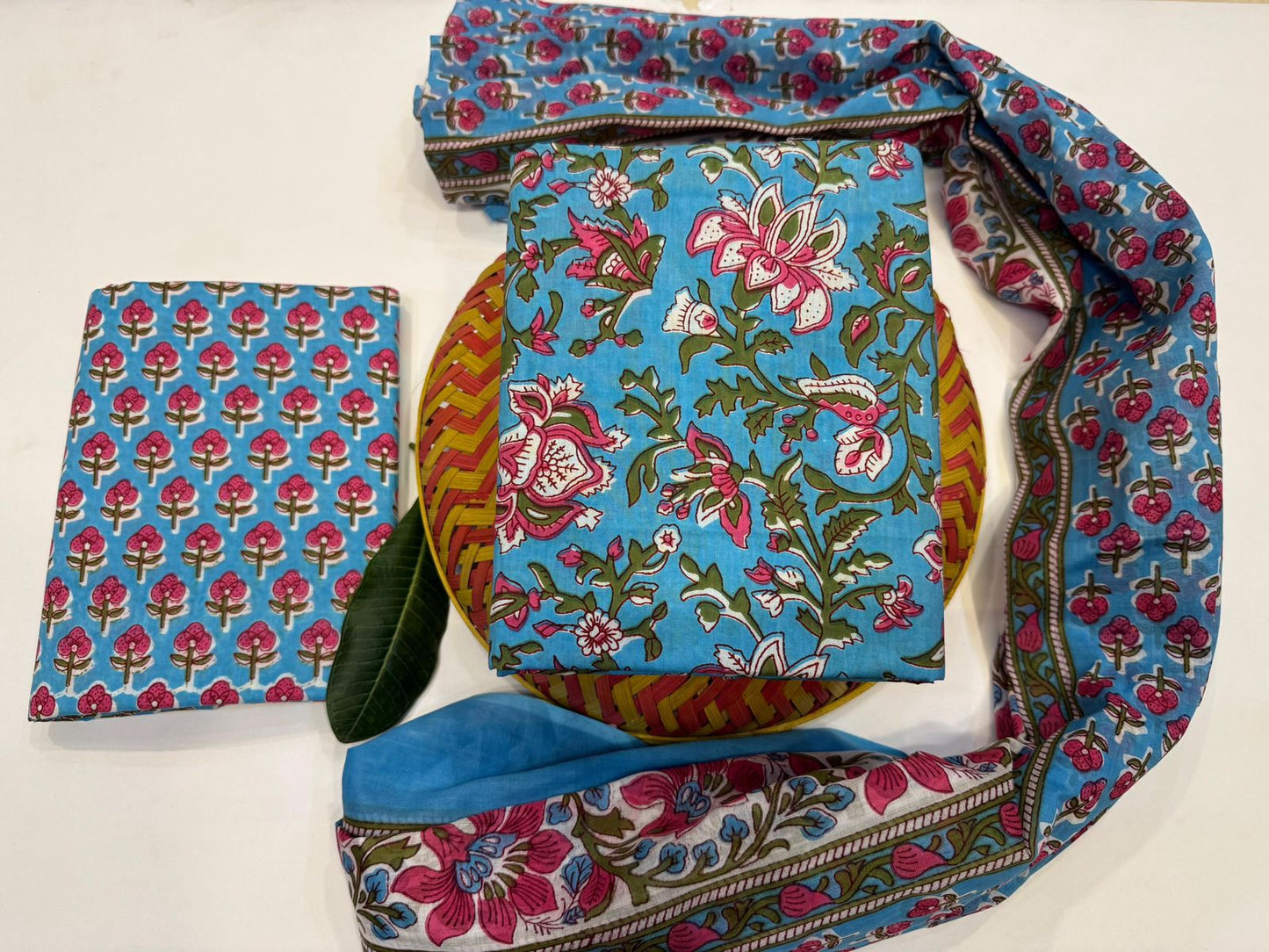 Meenakari Handblock Printed Cotton Suit Set with mul mul Dupatta