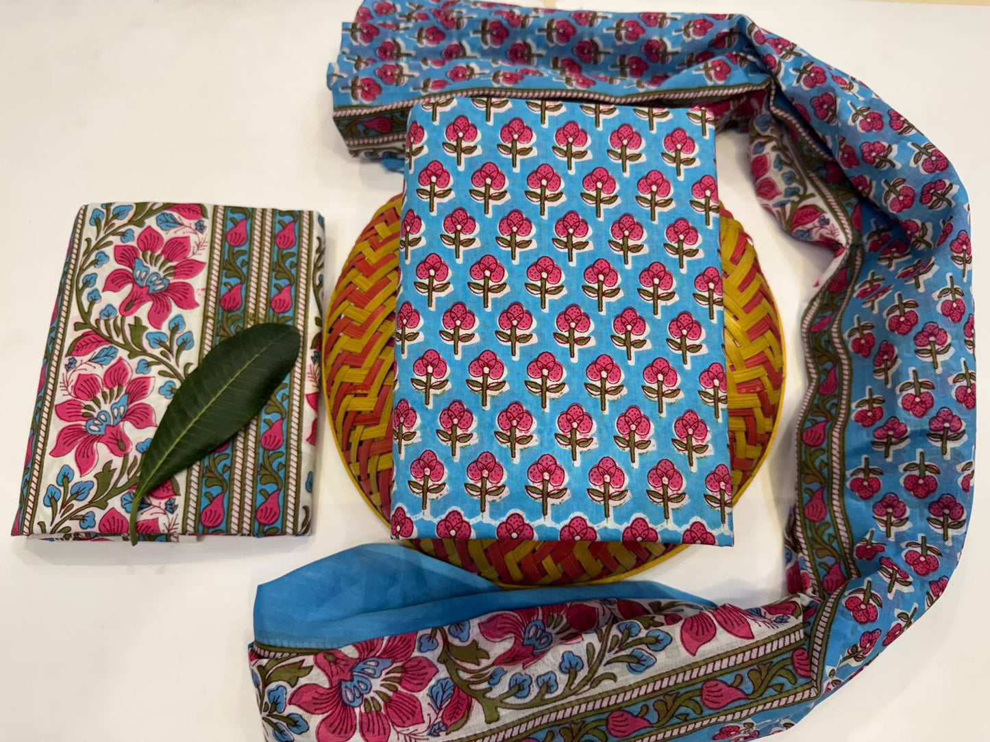 Soft Lotus Shade Handblock Printed Cotton Suit Set with mul mul Dupatta
