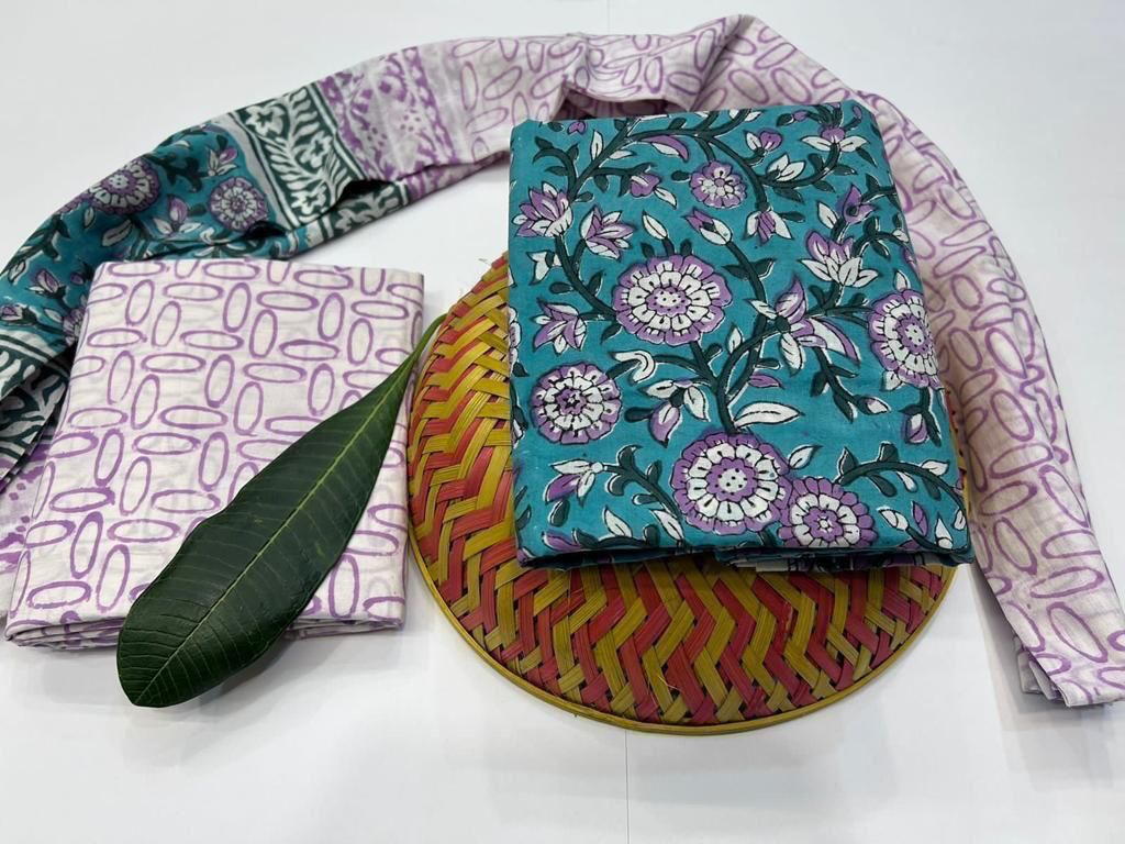 Basanti Breeze Handblock Printed Cotton Suit Set with mul mul Dupatta