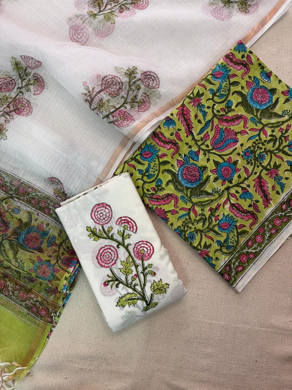 Baigani - Handblock Printed Cotton Suit Set with Kota Doriya Dupatta