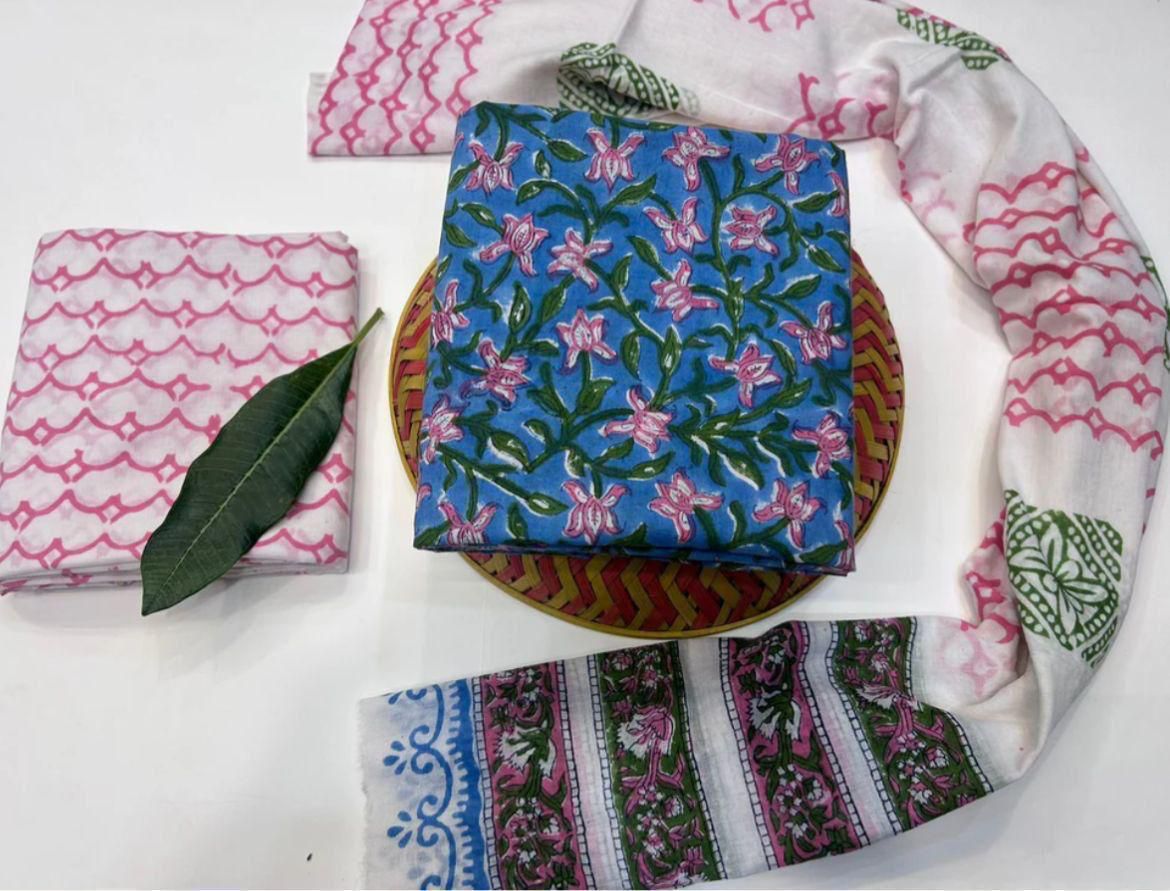 Lotus Whisper Handblock Printed Cotton Suit Set with mul mul Dupatta