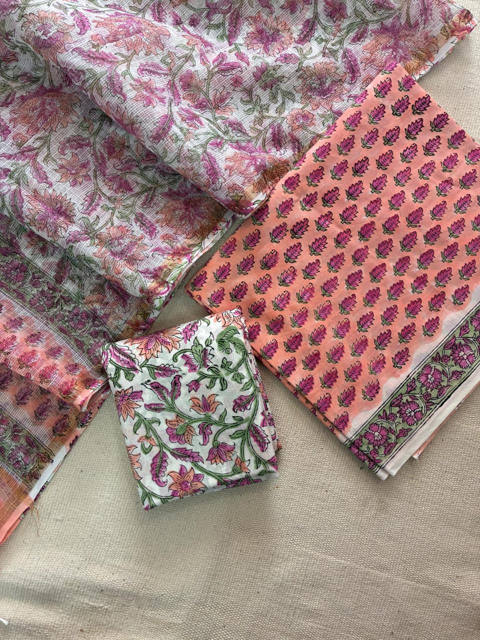 Tulip - Handblock Printed Cotton Suit Set with Kota Doriya Dupatta