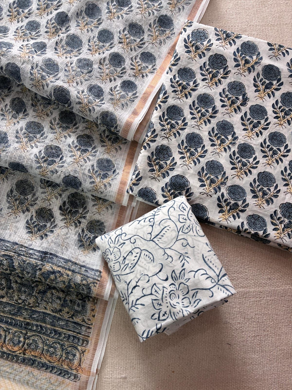 Reshy - Handblock Printed Cotton Suit Set with Kota Doriya Dupatta