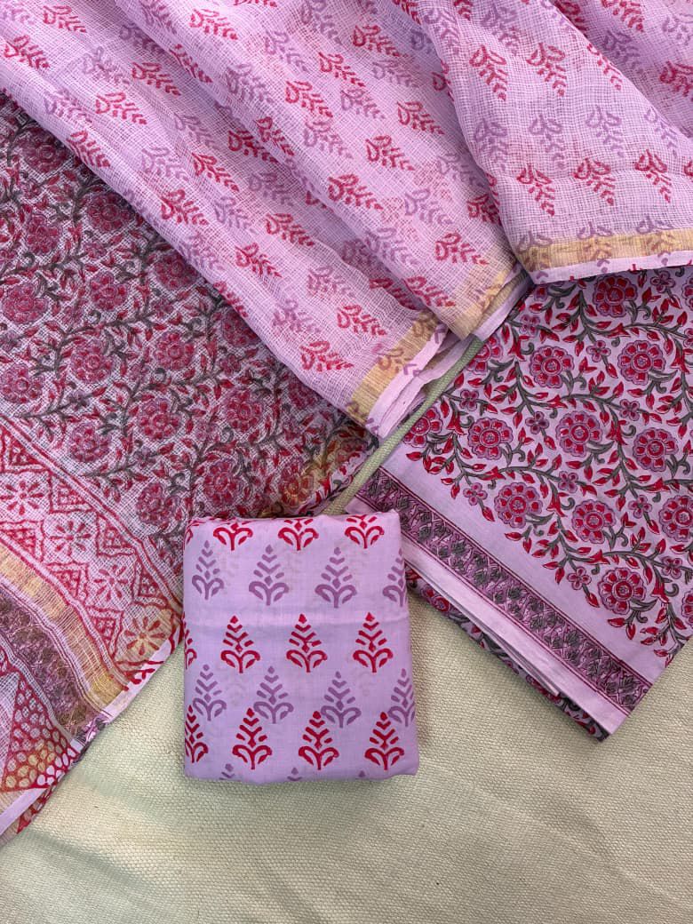 Berry - Handblock Printed Cotton Suit Set with Kota Doriya Dupatta