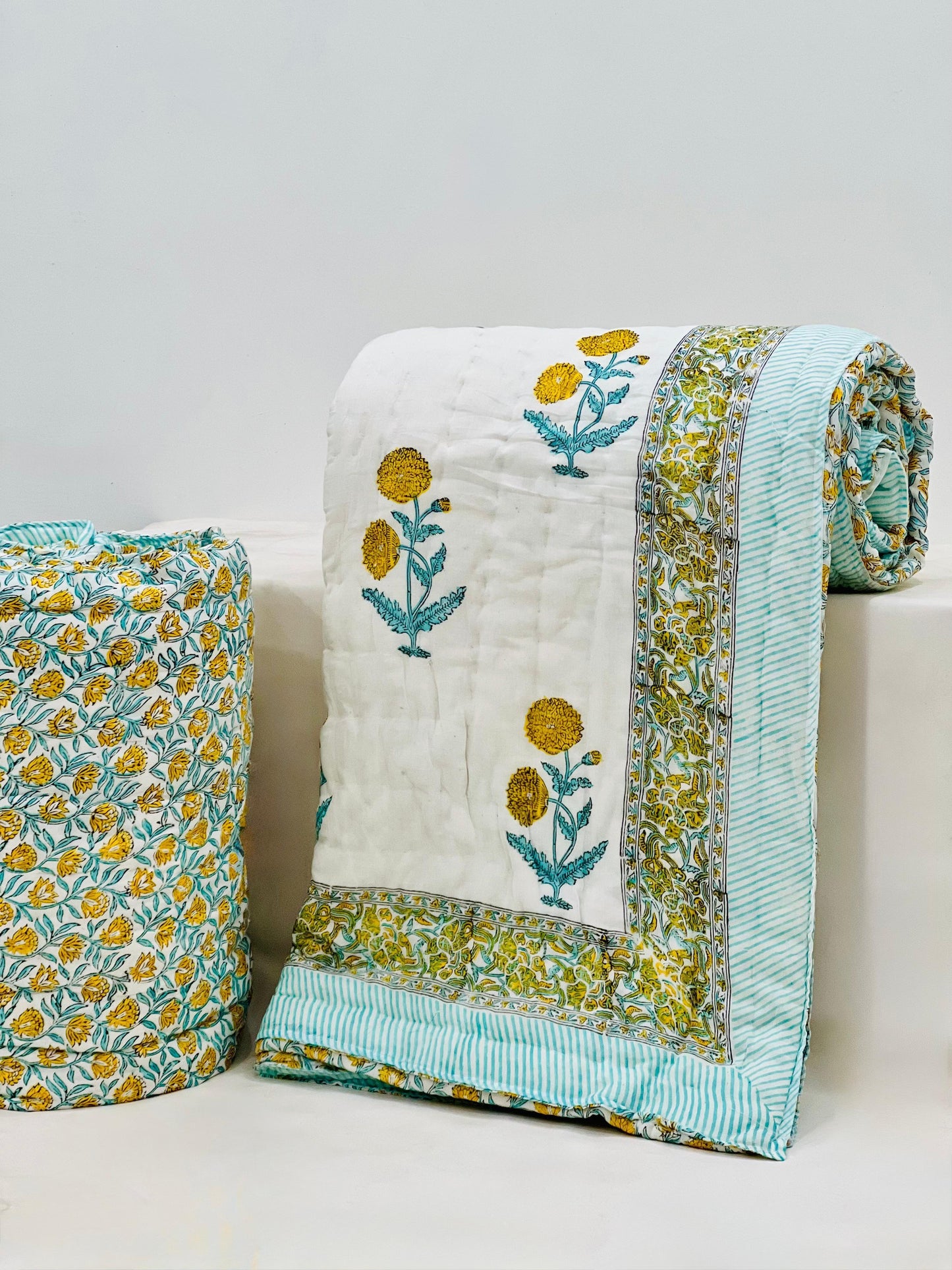 Yellow musk - Handblock Printed King Size Quilt Razai