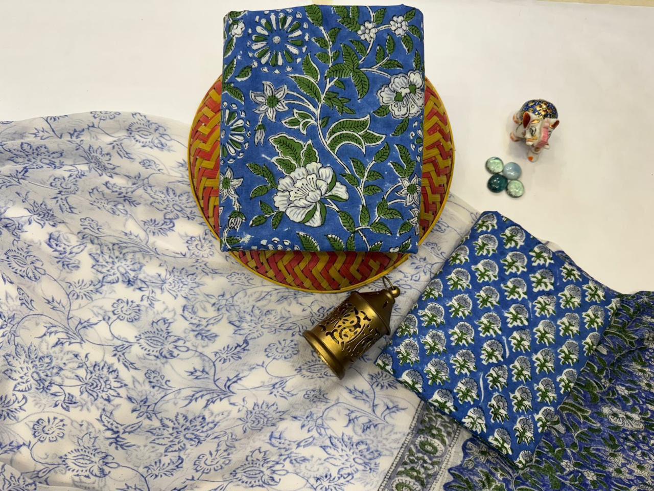 Pari Pankh – Handblock Printed Cotton Suit Set with Chiffon Dupatta