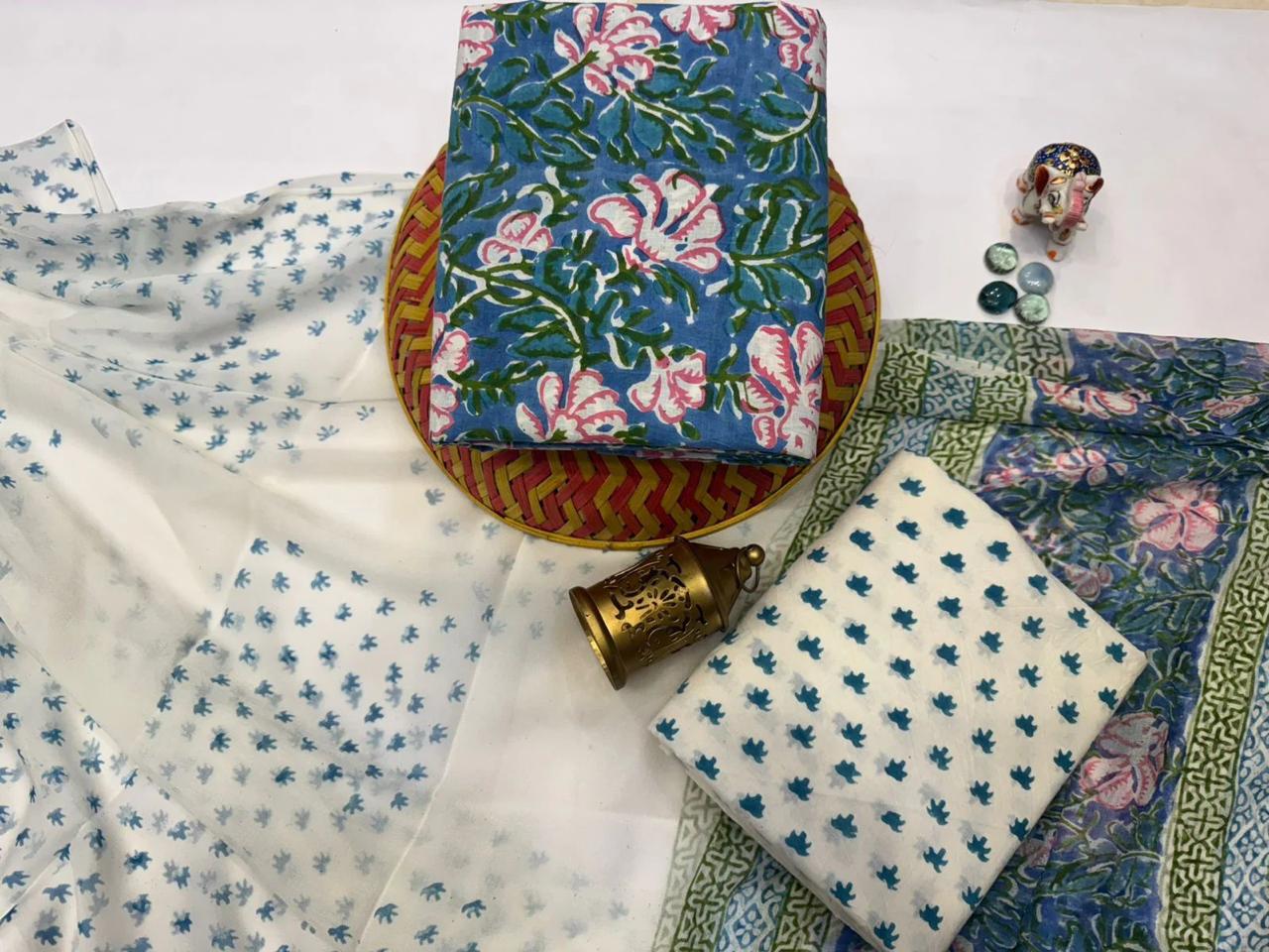 Anokhi Ada – Handblock Printed Cotton Suit Set with Chiffon Dupatta