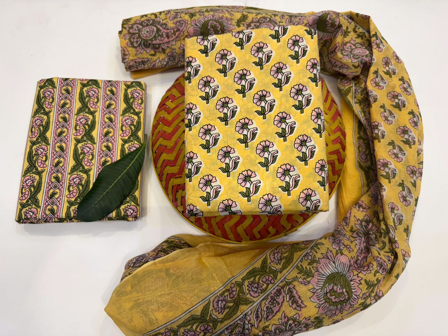 Gossamer Lotus Handblock Printed Cotton Suit Set with mul mul Dupatta