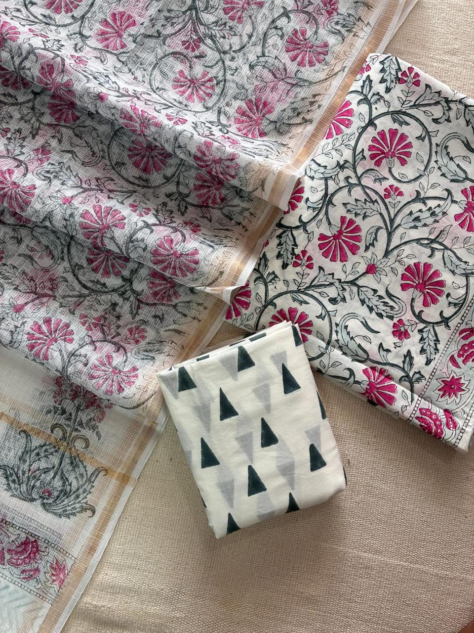 Pehraava – Handblock Printed Cotton Suit Set with Kota Doriya Dupatta