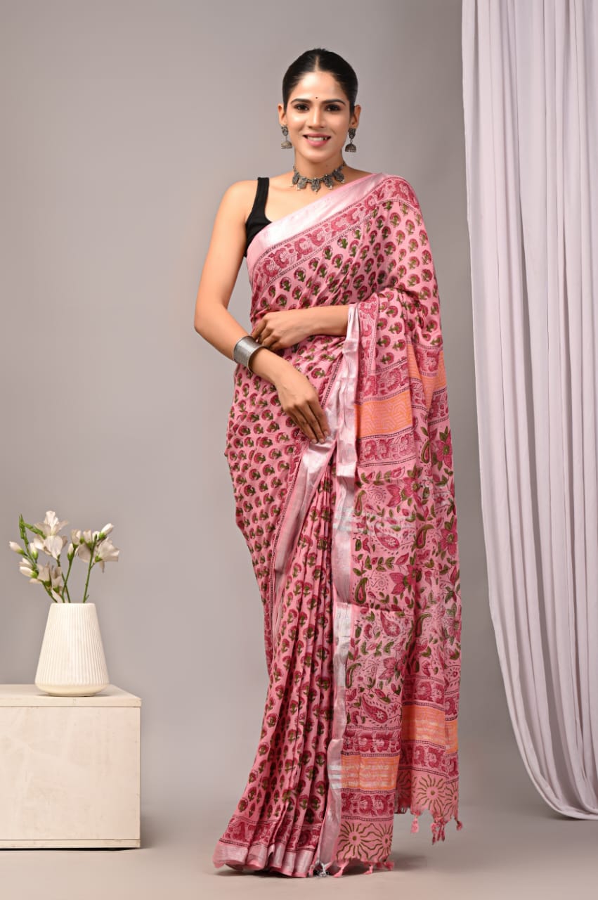 Citrine Chime Handblock Printed Linen Saree