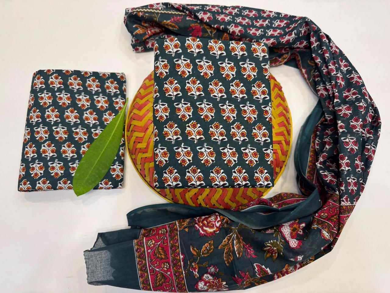 Pholwari Blooms Handblock Printed Cotton Suit Set with mul mul Dupatta