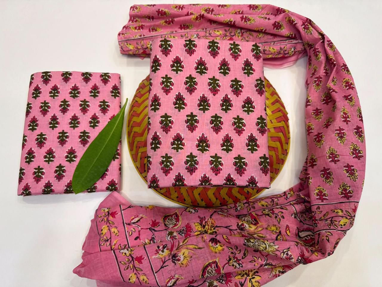 Dewdrop Blossom Handblock Printed Cotton Suit Set with mul mul Dupatta