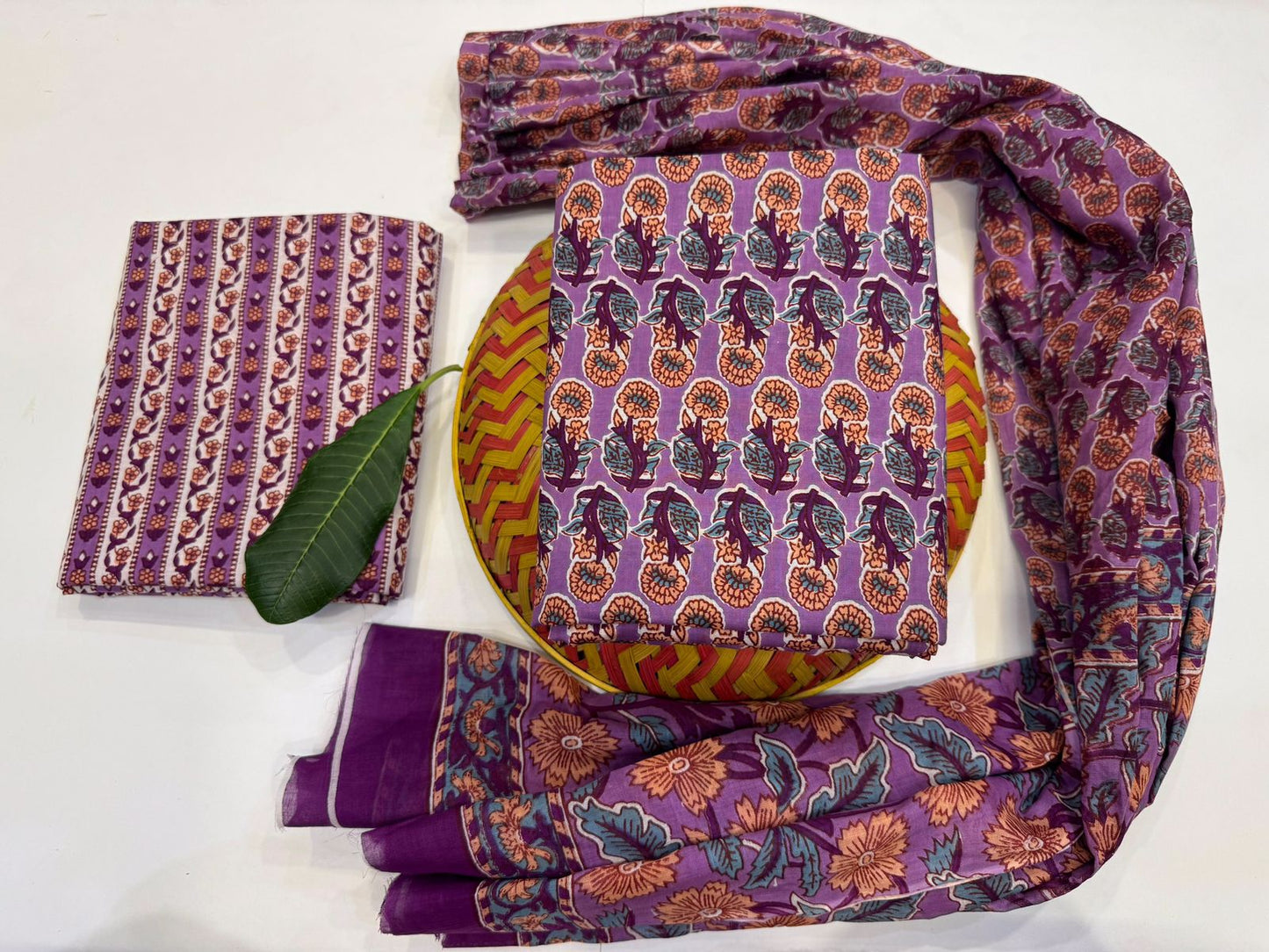 Serene Blooms Handblock Printed Cotton Suit Set with mul mul Dupatta