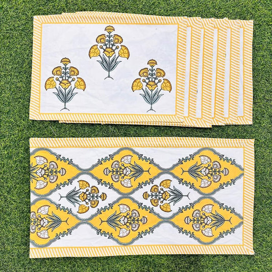 Mustedyellow - Handblock Printed 6-Seater Dining Table Set