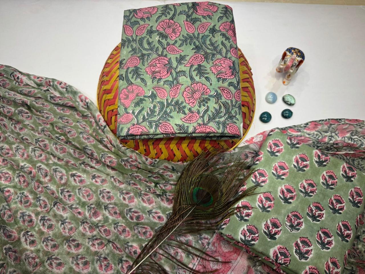 Phoolwari Charm – Handblock Printed Cotton Suit Set with Chiffon Dupatta