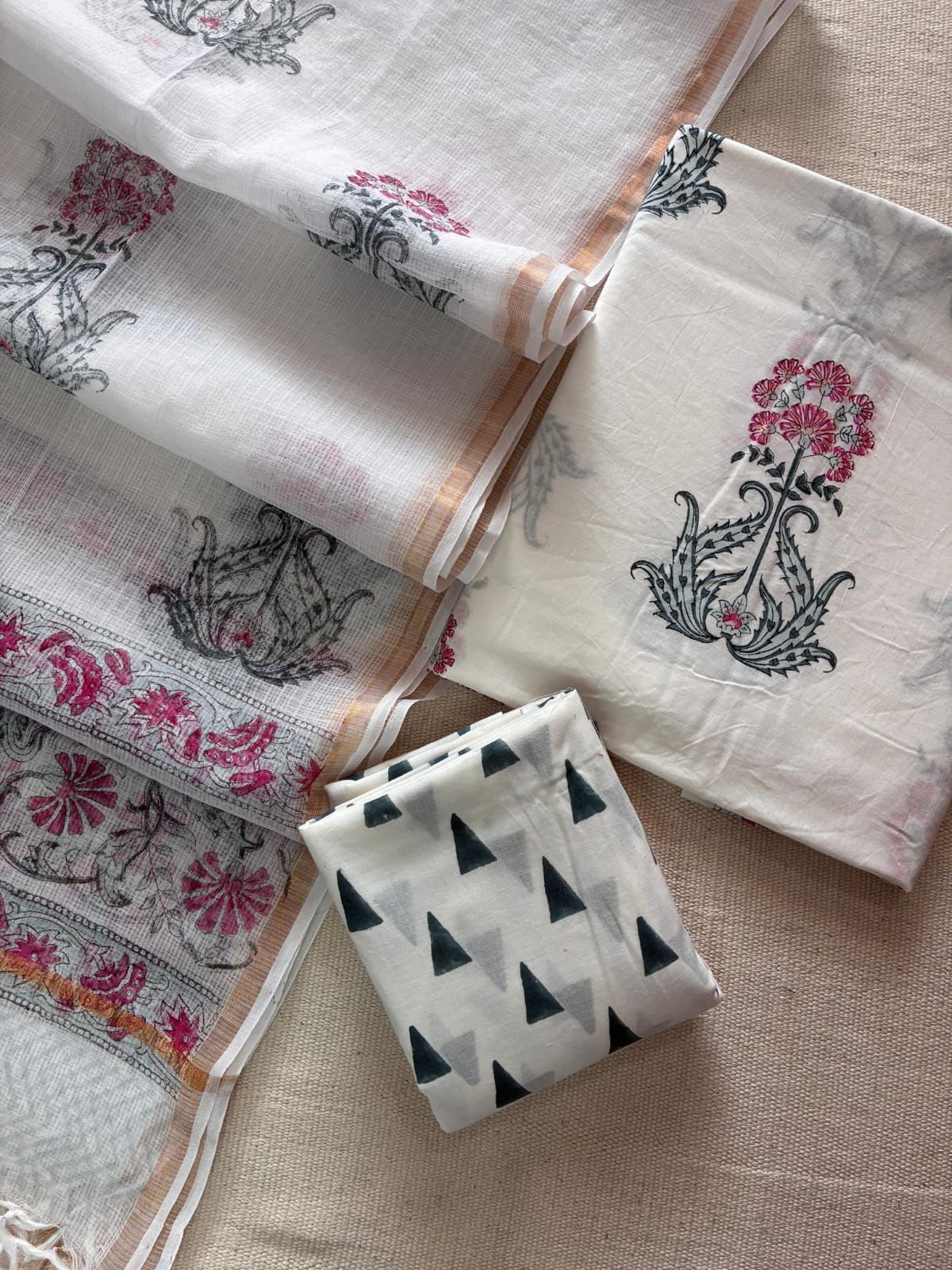 Fery - Handblock Printed Cotton Suit Set with Kota Doriya Dupatta