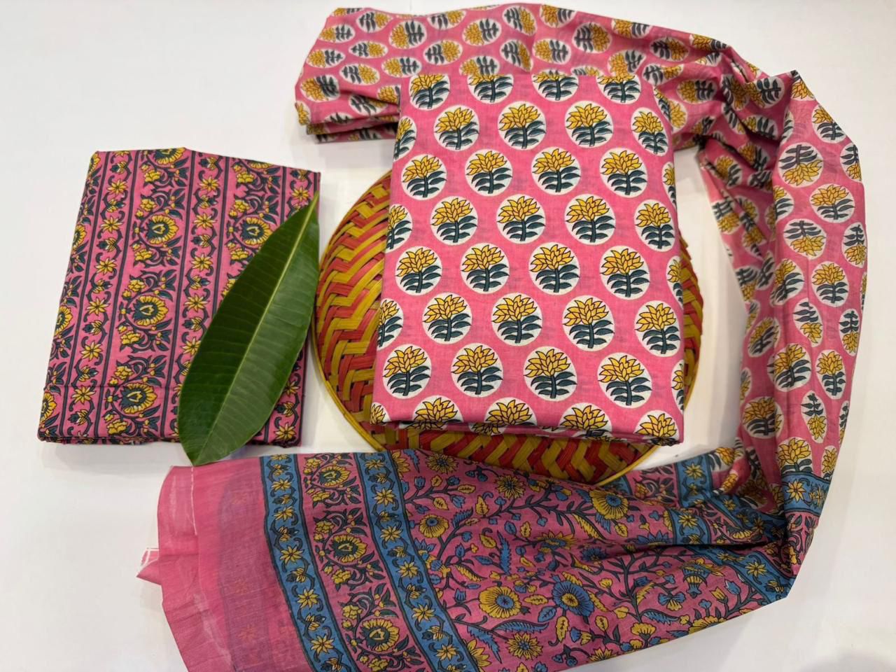 Lotus Melody Handblock Printed Cotton Suit Set with mul mul Dupatta