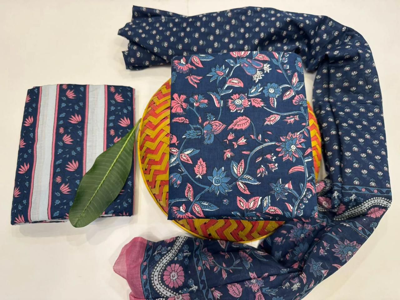 Feathered Blooms Handblock Printed Cotton Suit Set with mul mul Dupatta