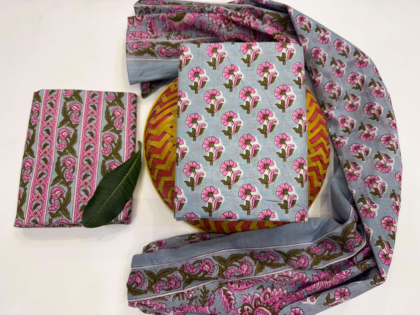 Petal Rhapsody Handblock Printed Cotton Suit Set with mul mul Dupatta
