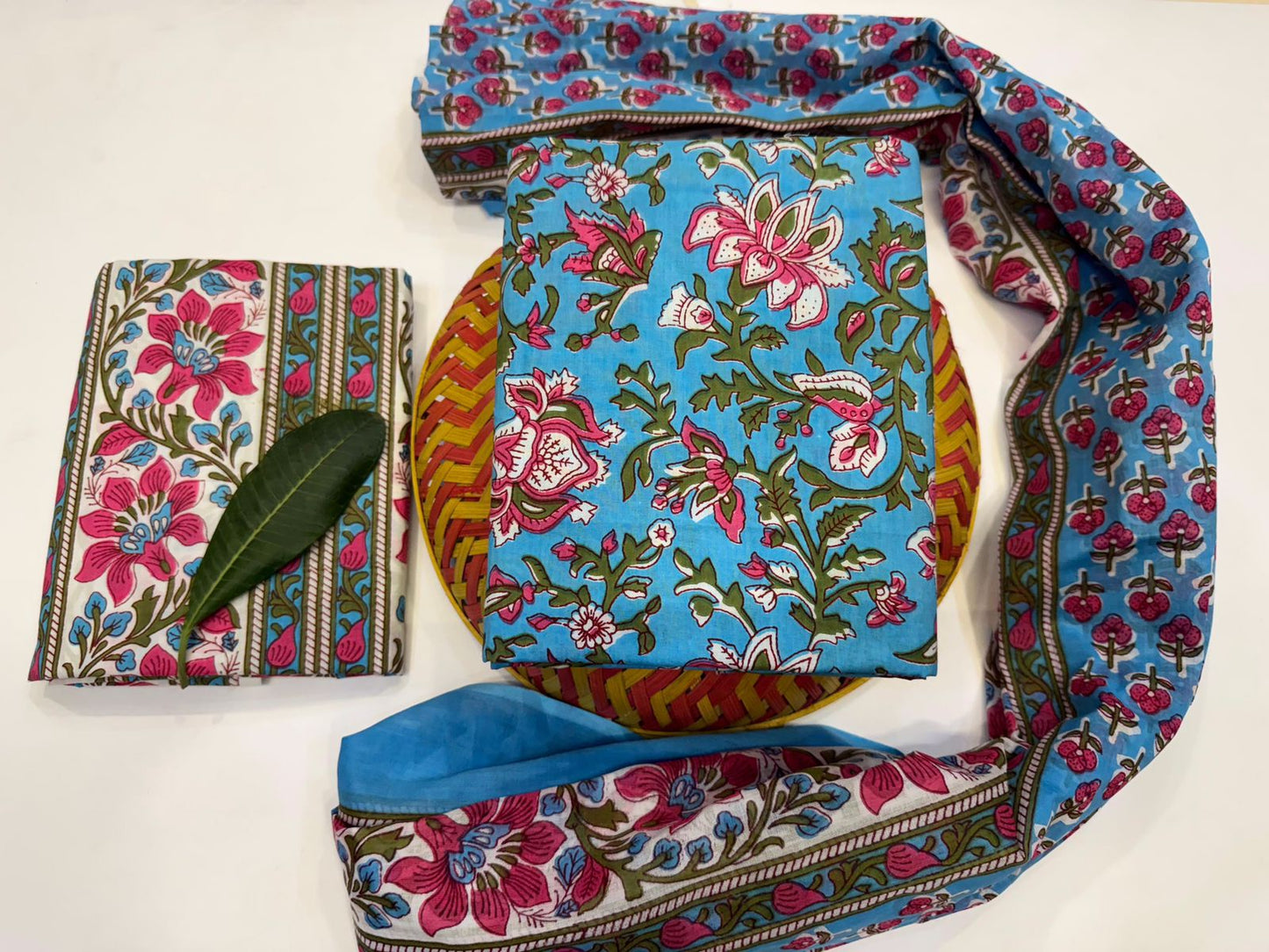 Feathered Lotus Handblock Printed Cotton Suit Set with mul mul Dupatta