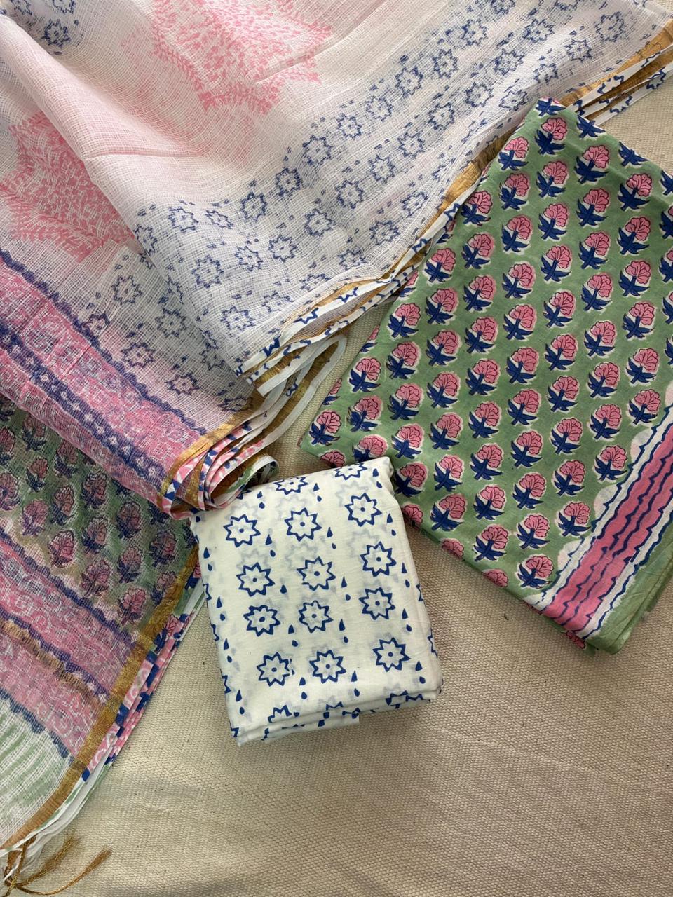Zarbaft – Handblock Printed Cotton Suit Set with Kota Doriya Dupatta