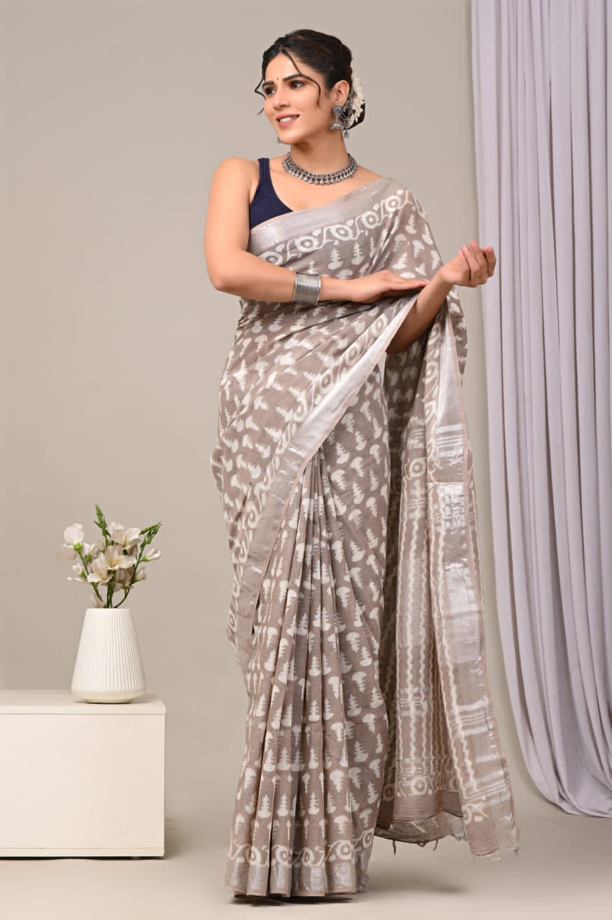 Coral Fern Handblock Printed Linen Saree