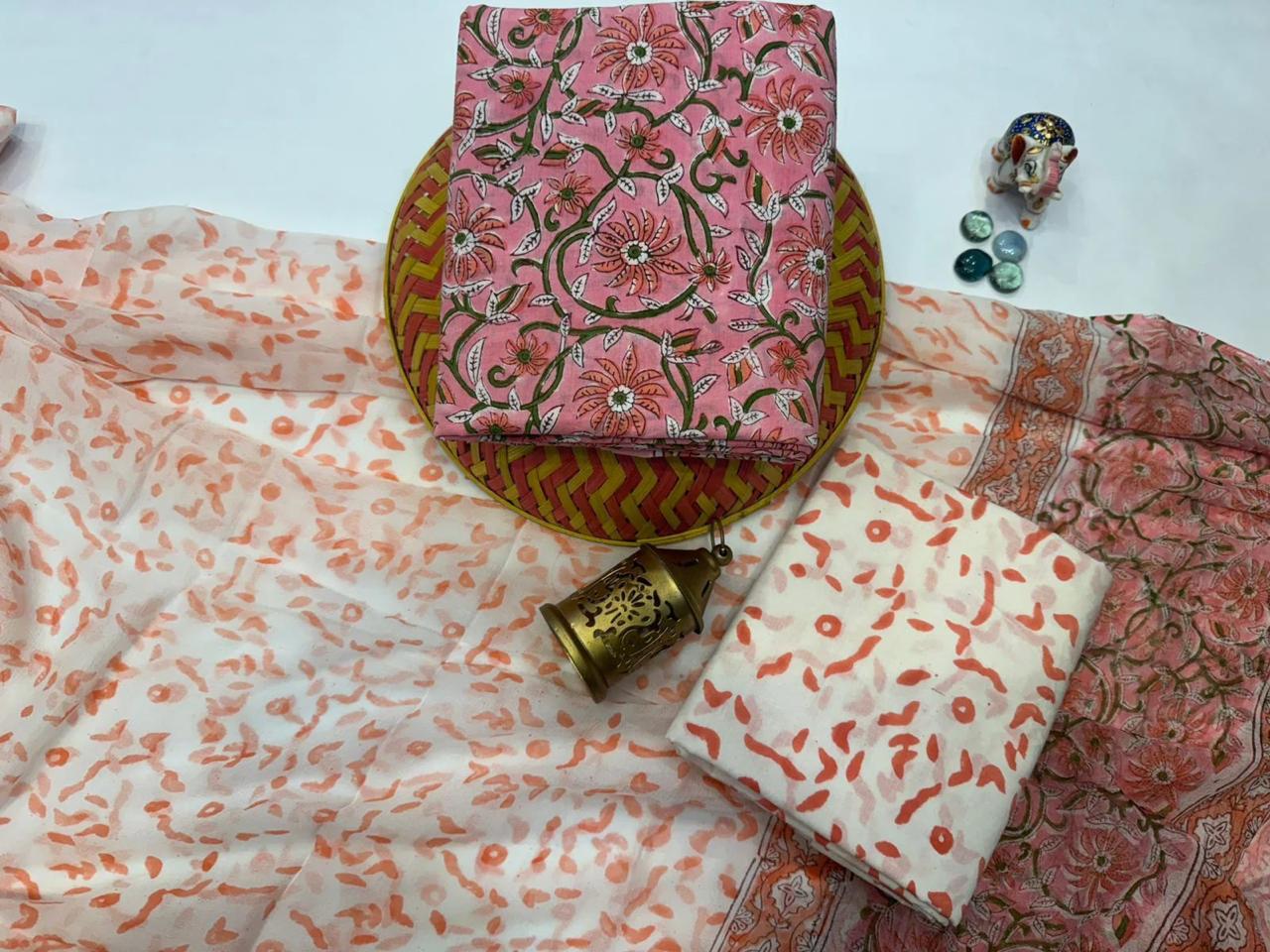 Nazakat – Handblock Printed Cotton Suit Set with Chiffon Dupatta