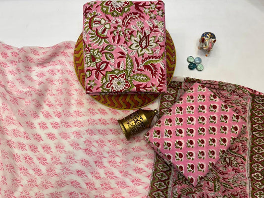 Phoolwa – Handblock Printed Cotton Suit Set with Chiffon Dupatta