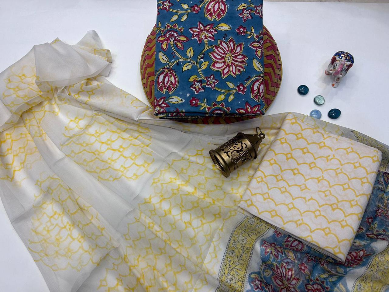 Resham Raag – Handblock Printed Cotton Suit Set with Chiffon Dupatta