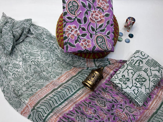 Baadal Chhaya – Handblock Printed Cotton Suit Set with Chiffon Dupatta