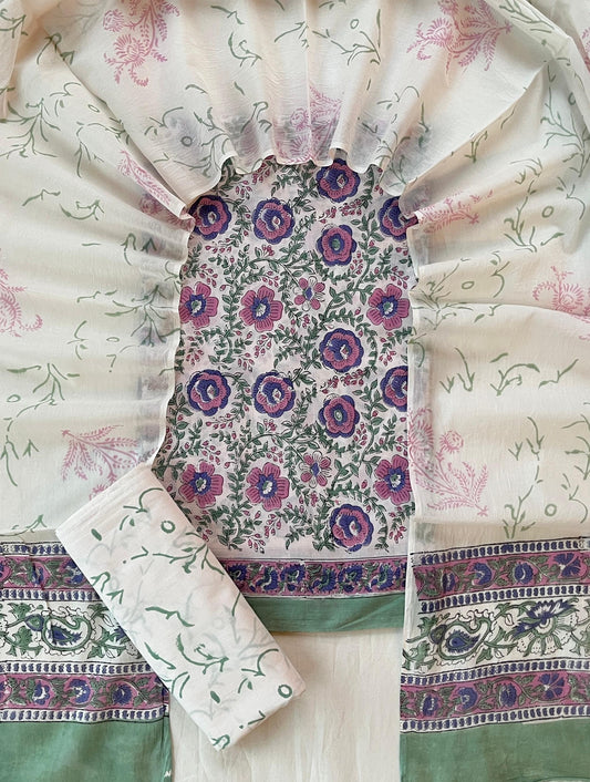 Saugandh suit studio – Handblock Printed Cotton Suit Set with Mulmul Dupatta
