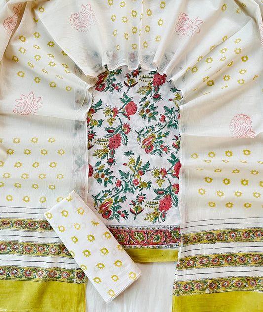 Kaarigarikatha – Handblock Printed Cotton Suit Set with Mulmul Dupatta