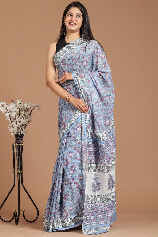 Hamsika Weave – Handblock Printed Cotton Mul Saree