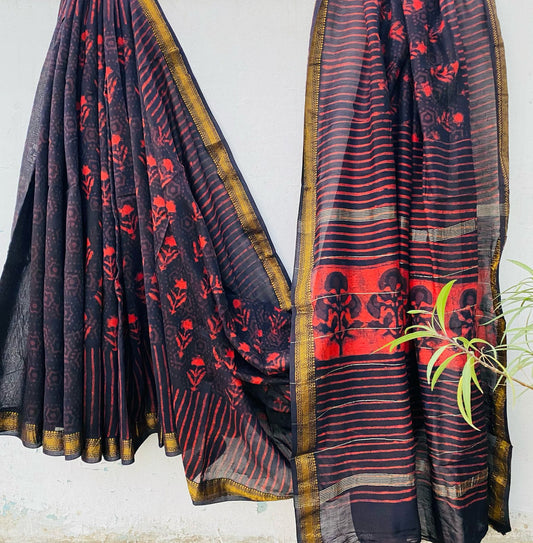 MaatiRaag – Handblock Printed Maheshwari Silk Saree