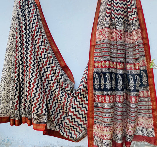 Bhoomi Threads – Handblock Printed Maheshwari Silk Saree
