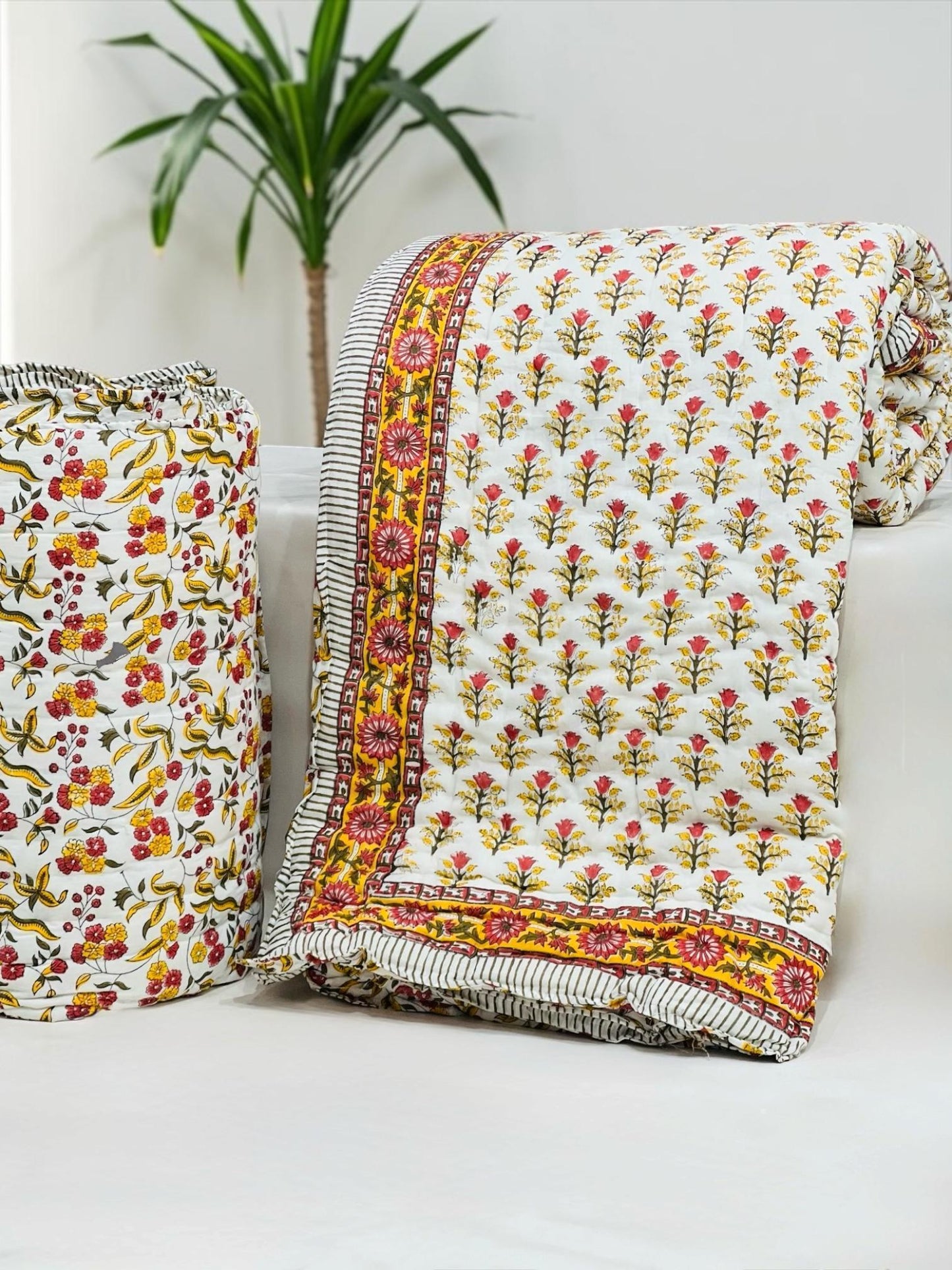 Yellom - Handblock Printed King Size Quilt Razai