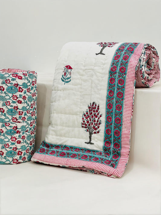 Garden lush - Handblock Printed King Size Quilt Razai