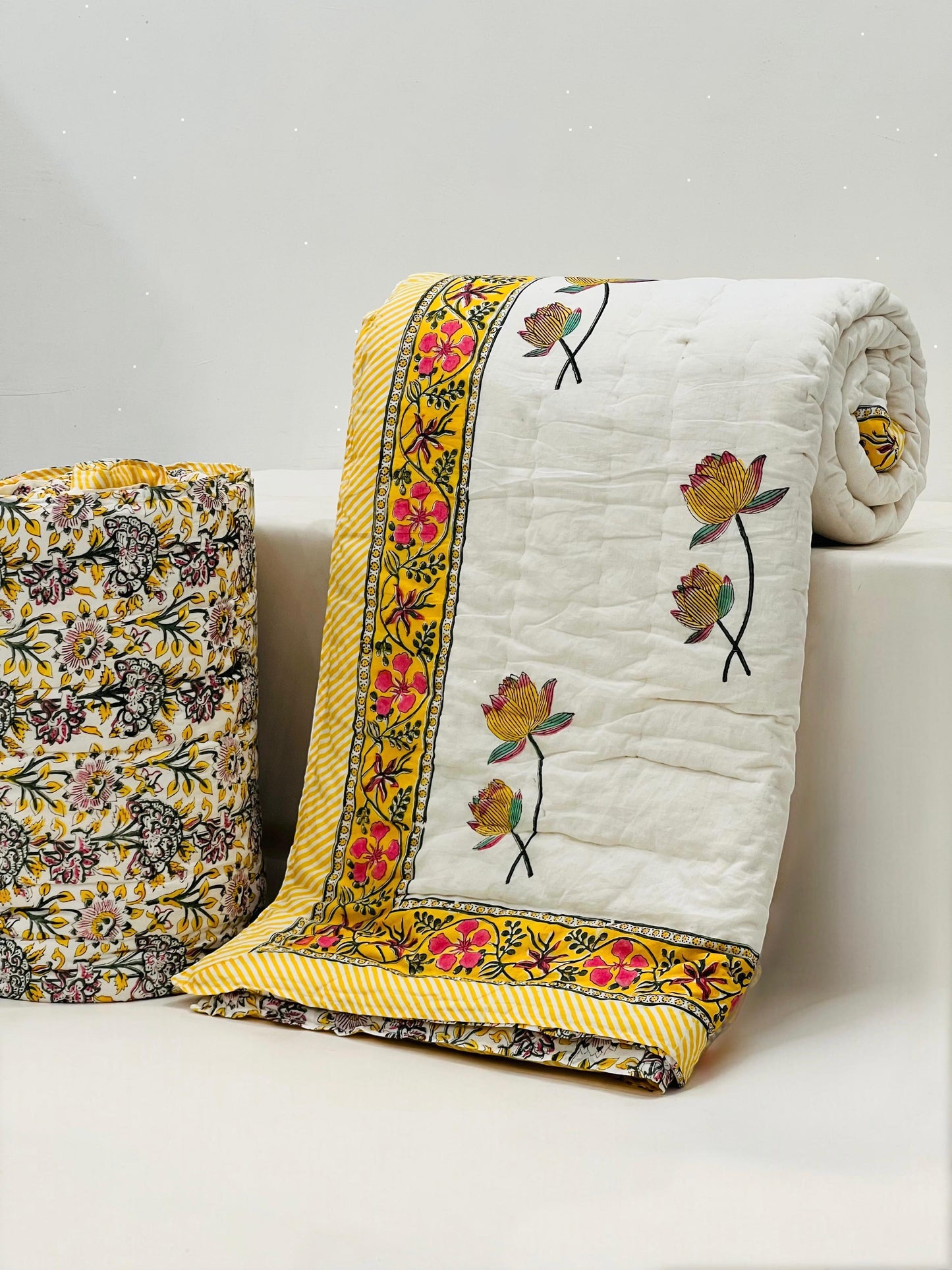 Yellow musk - Handblock Printed King Size Quilt Razai