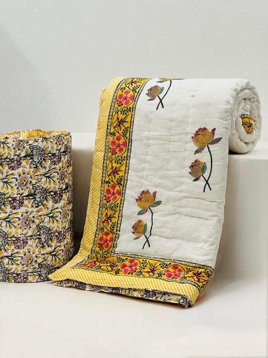 Yellow musk - Handblock Printed King Size Quilt Razai
