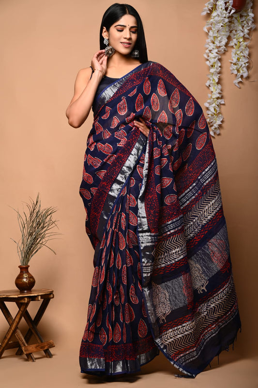 Breeze Star Handblock Printed Linen Saree