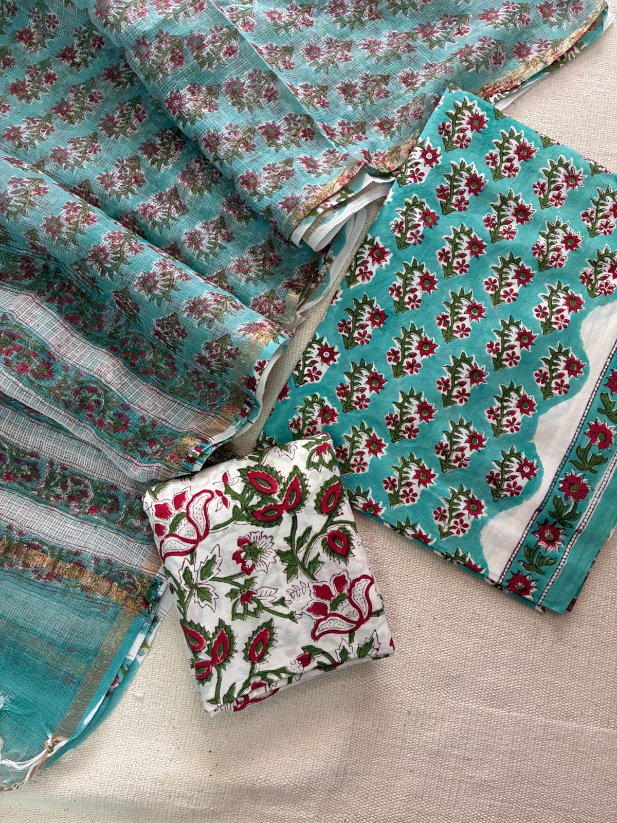 Fiyona - Handblock Printed Cotton Suit Set with Kota Doriya Dupatta