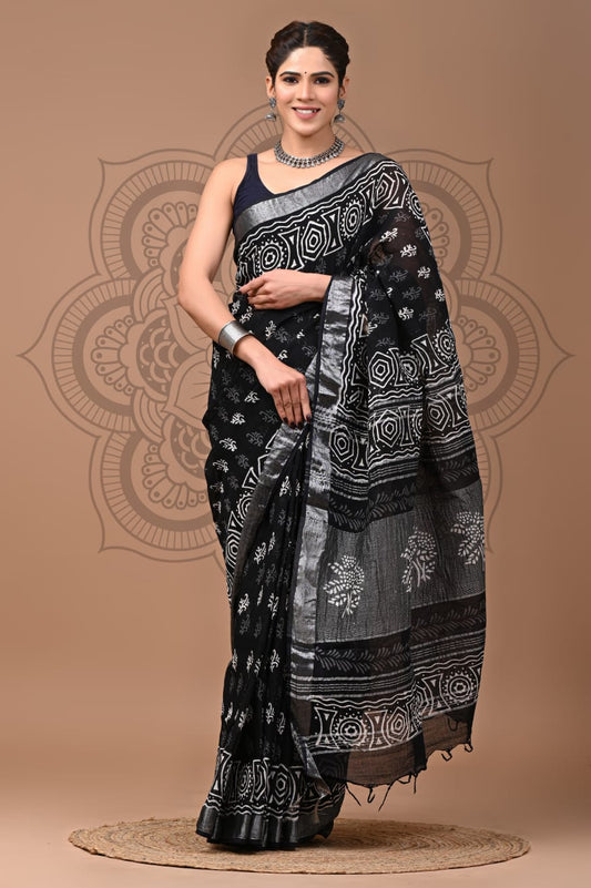 Radiance Pearl Handblock Printed Linen Saree